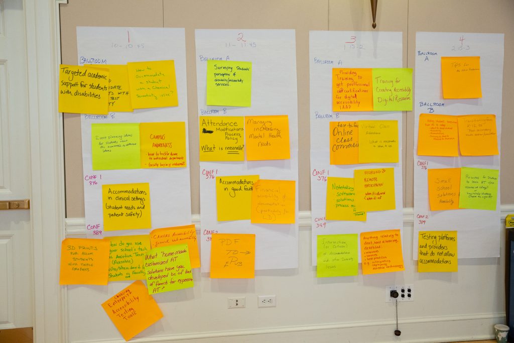 large post-it notes organized into sections which created the agenda for the UnConference